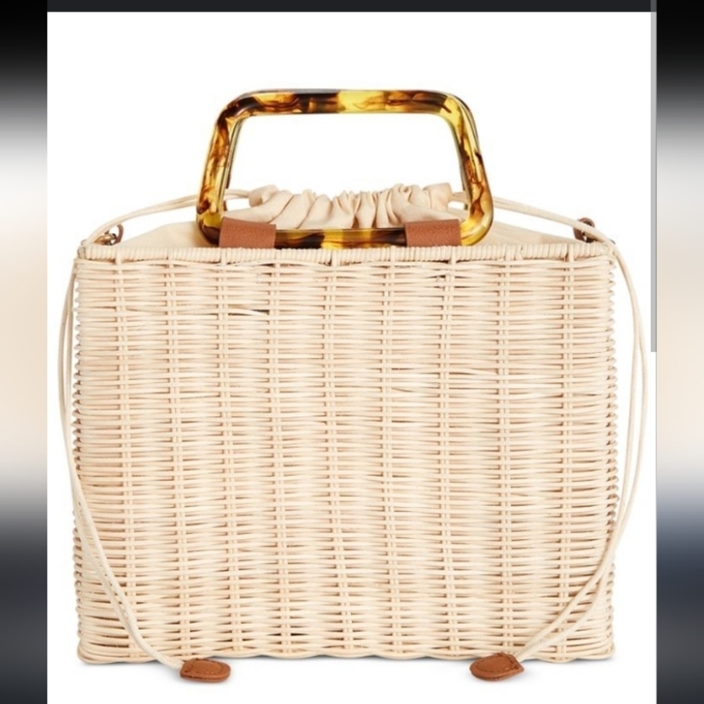 I.N.C  Coastal Preppy Straw Structured Feminine Boho Bag w Tortoiseshell Handle